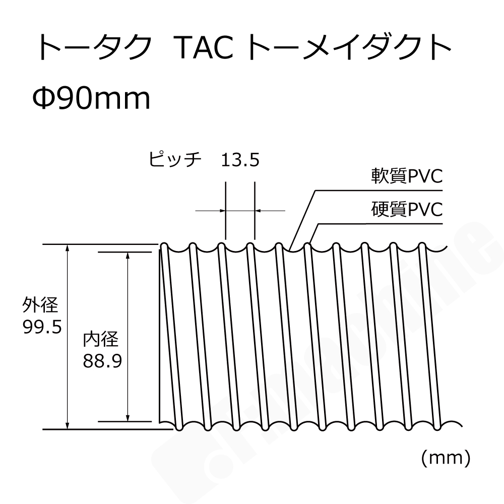 【トータク】TACトーメイダクト（右巻）Φ90mm / ダクトホース・1M単位切り売り / 木工・機械・集塵・ダスト / 透明・自在・塩ビ ●個人宅への配送不可